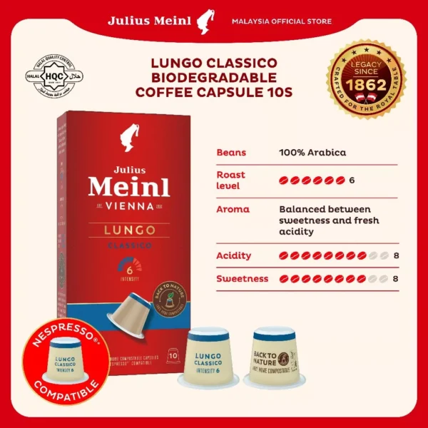 Julius Meinl Lungo Classico Biodegradable Coffee Capsule 10s Nespresso Machine Compatible